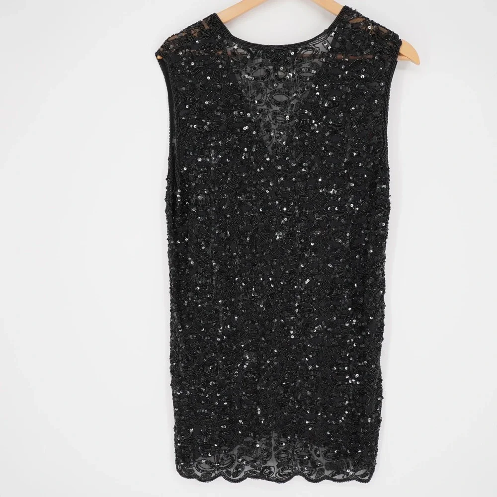 Vintage Oleg Cassini Beaded Sequined Silk Open Front Vest S Black NYE Event 90s